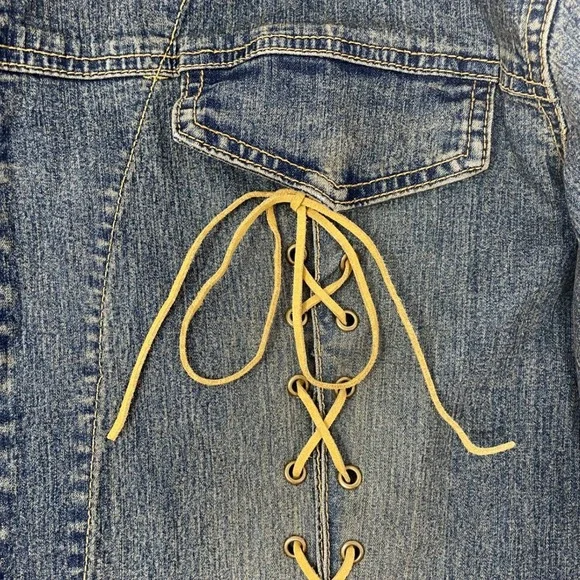 Mwah Jeans Y2K Acid Wash Denim duster Jacket Raw Frayed Edge Cord Leather Lacing - Picture 9 of 11
